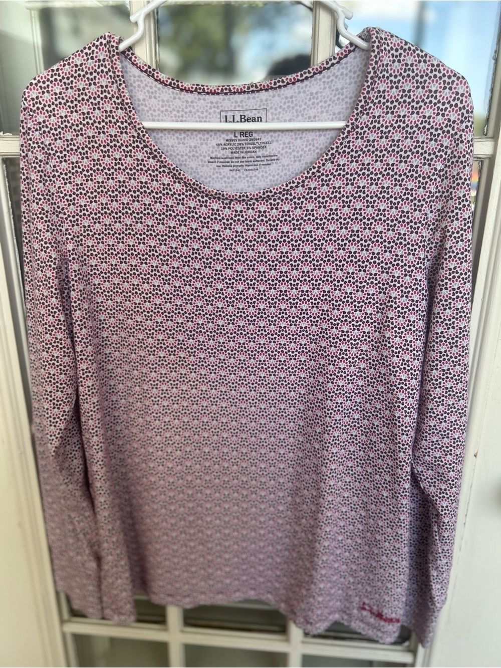 L.L. Bean White Tee with Pink and Maroon Microdot Print